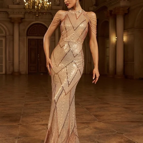 Missord - Cold Shoulder Beads Chain Cocktail Dress M01081 - Picture 5 of 6